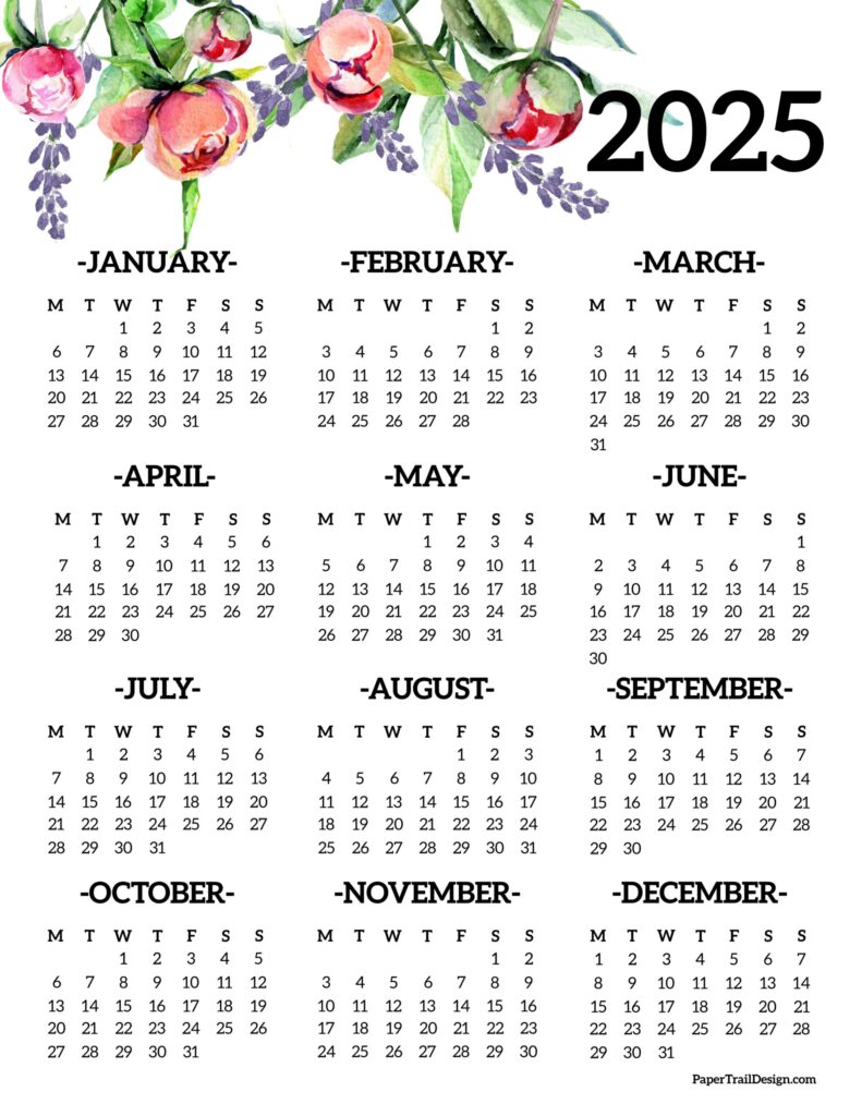 2025 Monday Start Calendar One Page Paper Trail Design