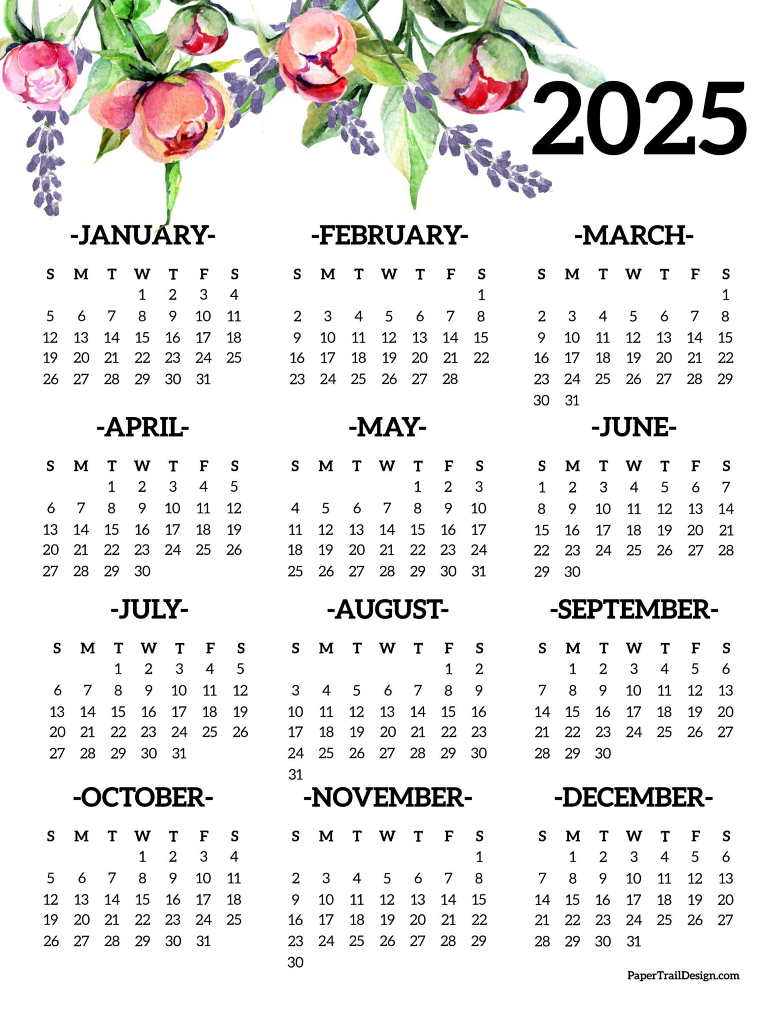 2025 Printable Calendar One Page Paper Trail Design