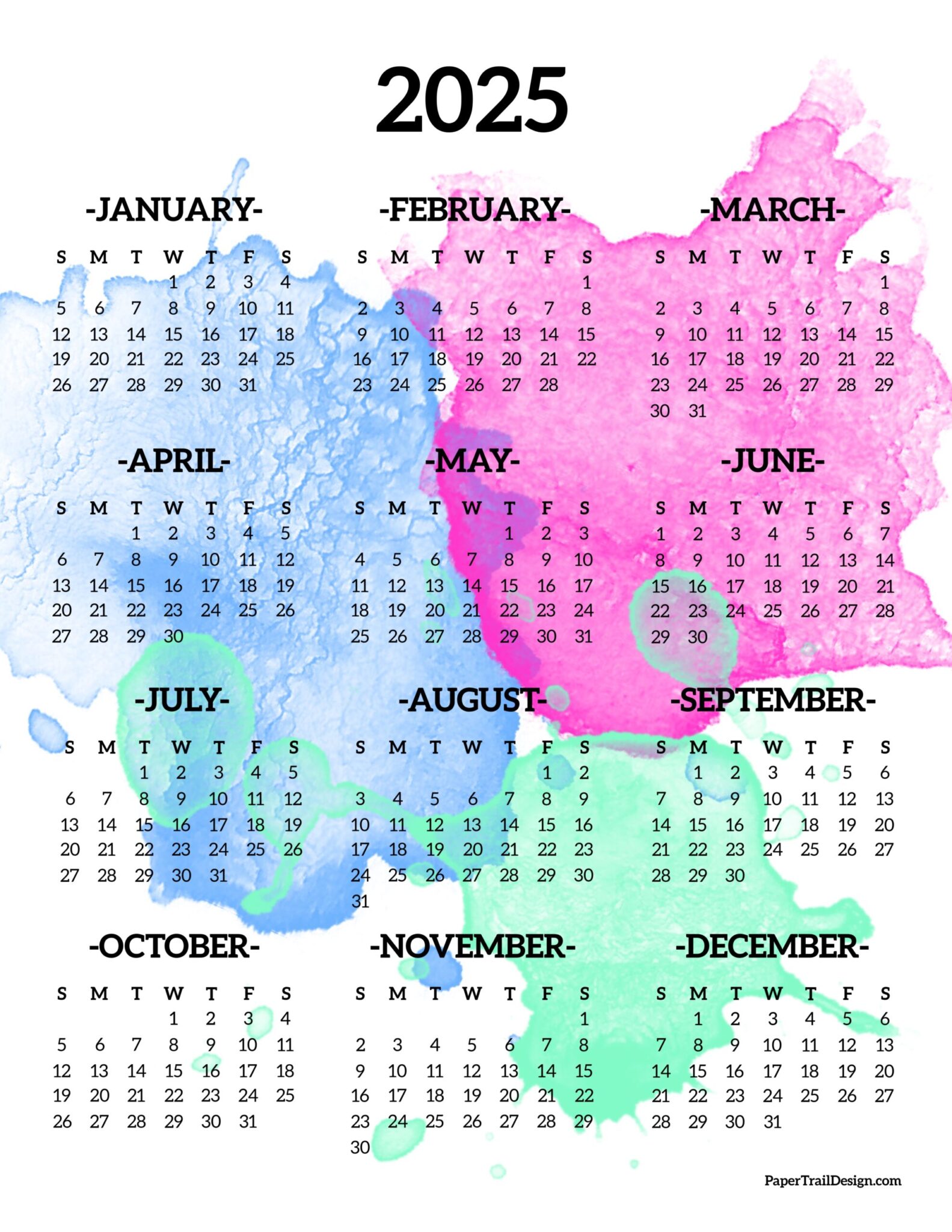 2025 Printable Calendar One Page Paper Trail Design