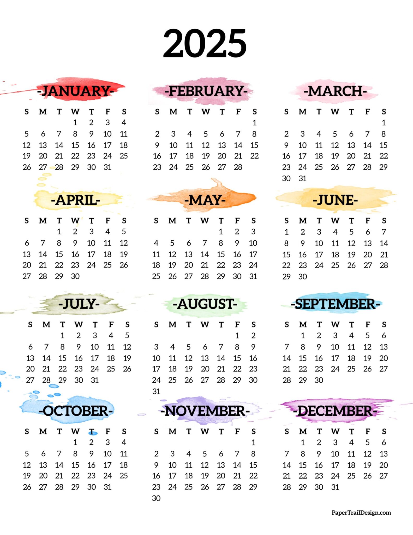 2025 Printable Calendar One Page Paper Trail Design