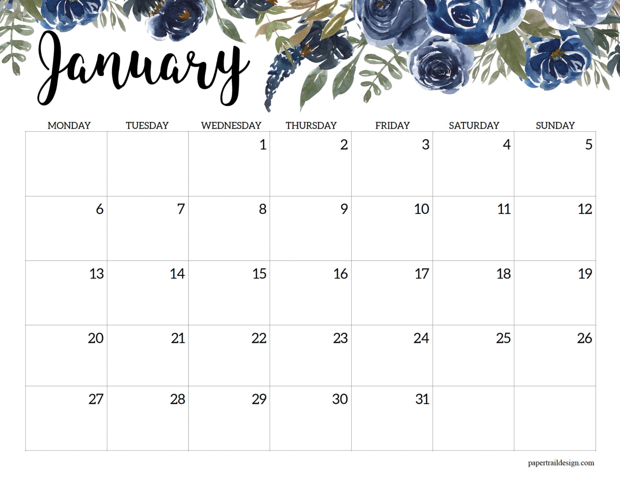 2025 Monday Start Floral Calendar - Paper Trail Design