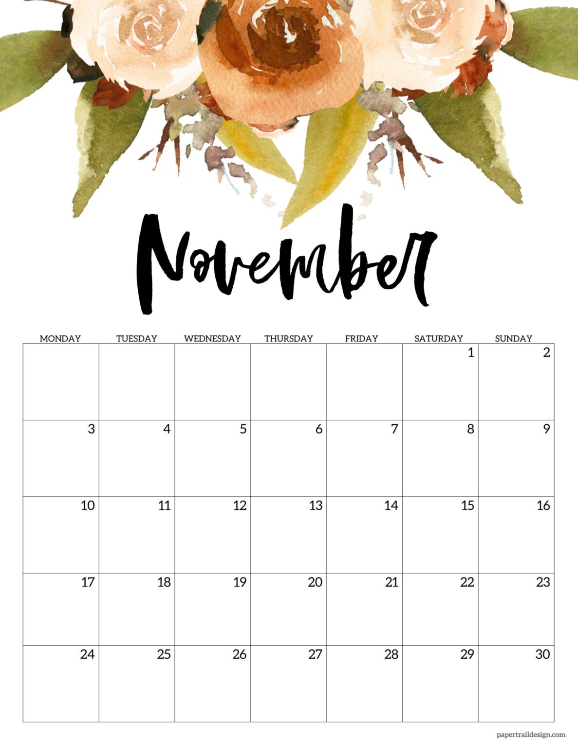 Free Printable 2025 Floral Calendar - Monday Start - Paper Trail Design