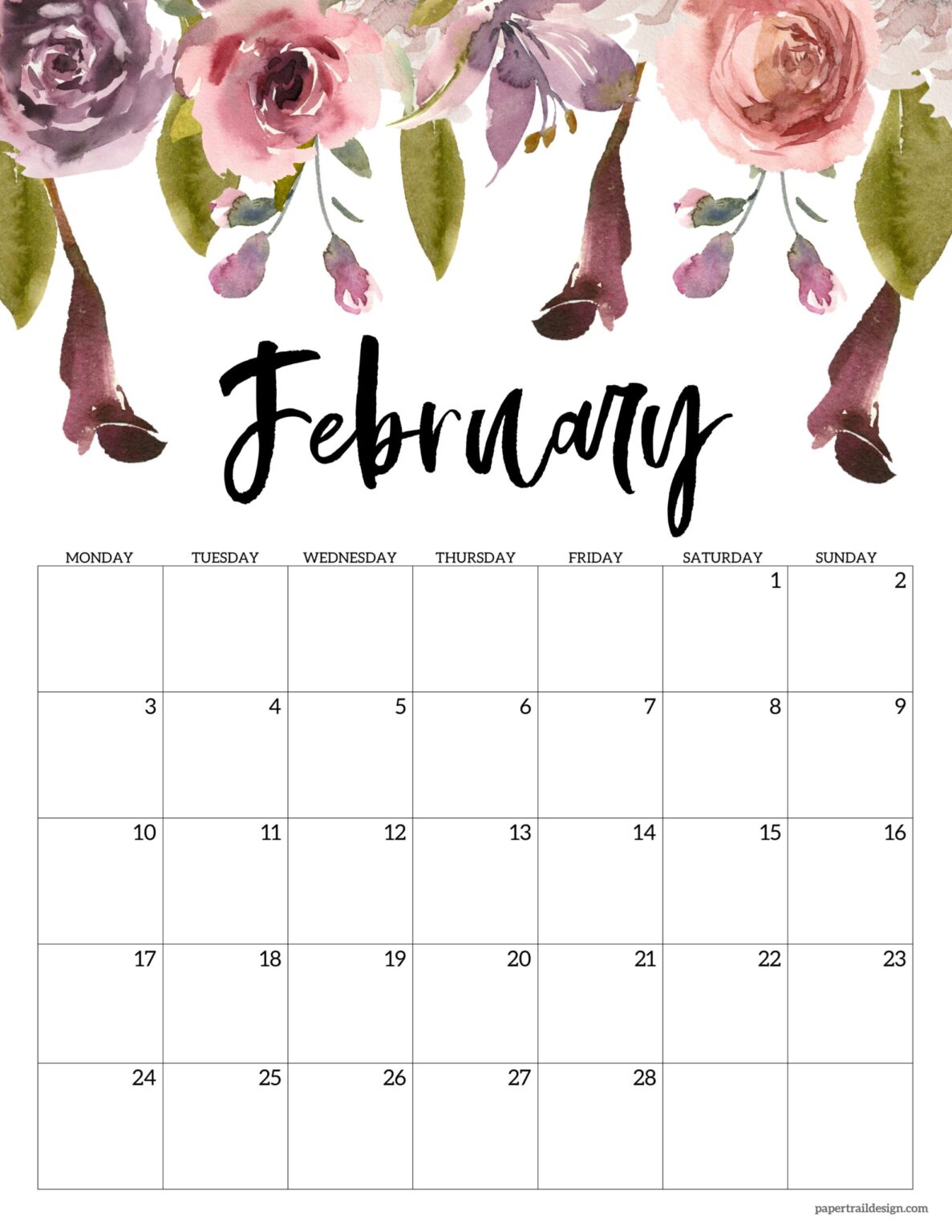 Free Printable 2025 Floral Calendar - Monday Start - Paper Trail Design