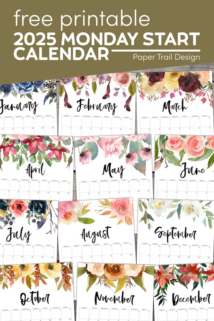 Free Printable 2025 Floral Calendar - Monday Start - Paper Trail Design