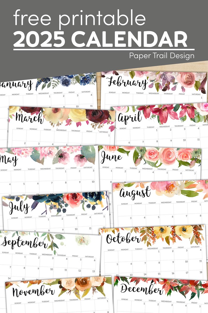 Horizontal Floral Printable Calendar - 2025 - Paper Trail Design