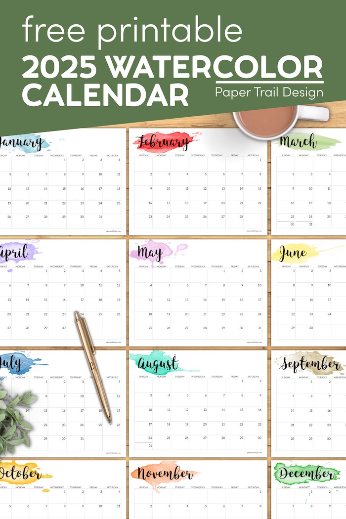 2025 Calendar Printable - Watercolor - Paper Trail Design