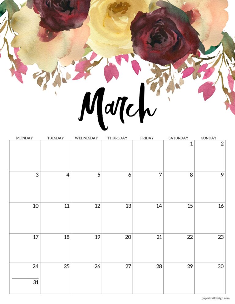 Free Printable 2025 Floral Calendar - Monday Start - Paper Trail Design