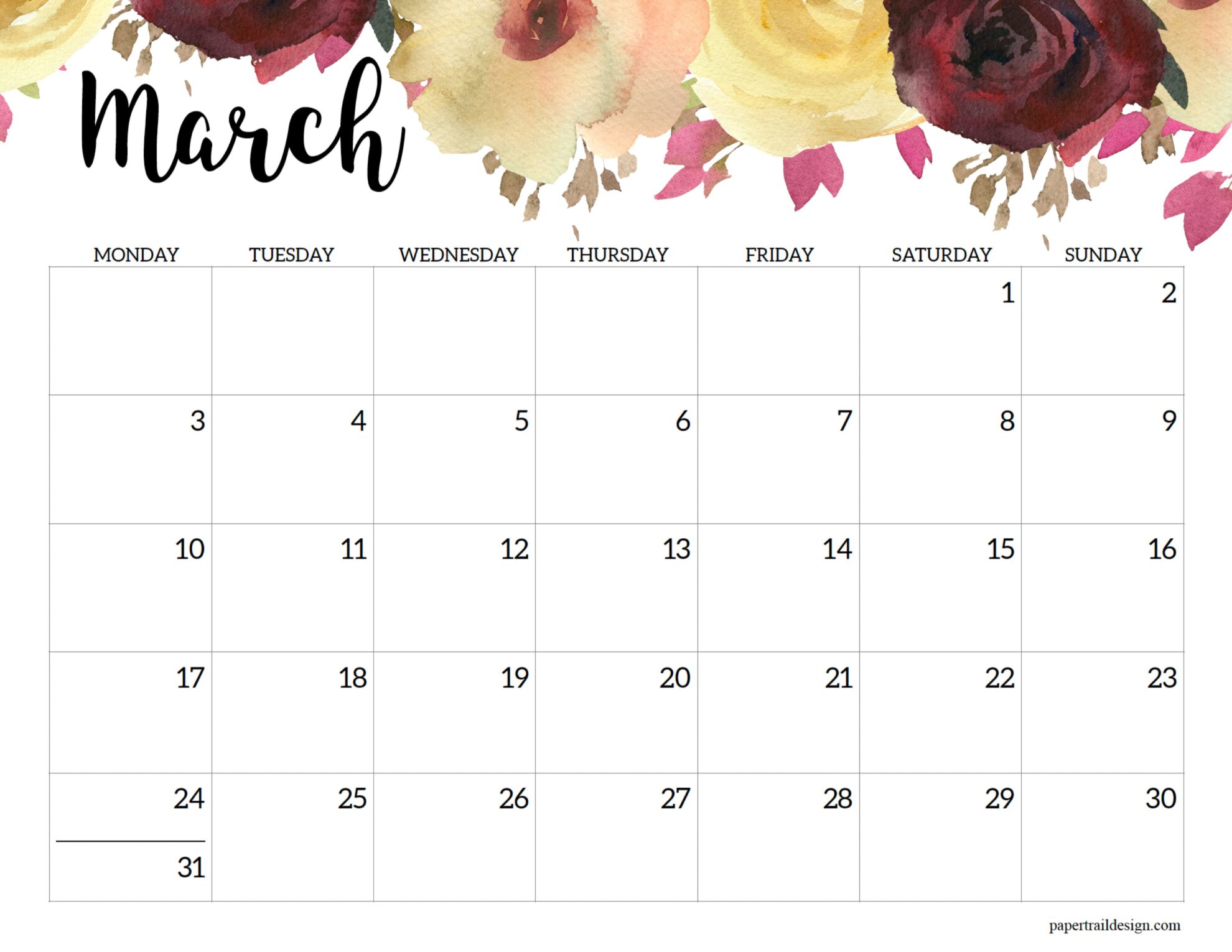 2025 Monday Start Floral Calendar - Paper Trail Design