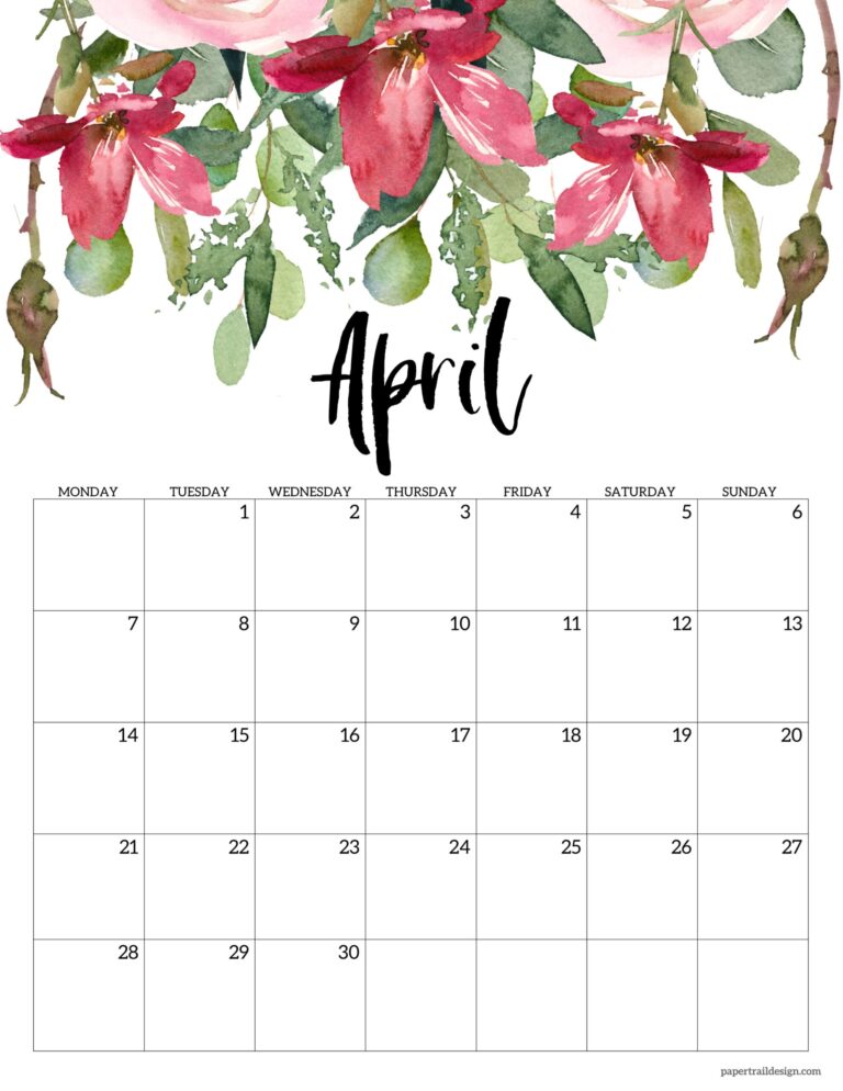 Free Printable 2025 Floral Calendar - Monday Start - Paper Trail Design