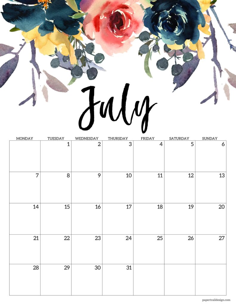 Free Printable 2025 Floral Calendar - Monday Start - Paper Trail Design