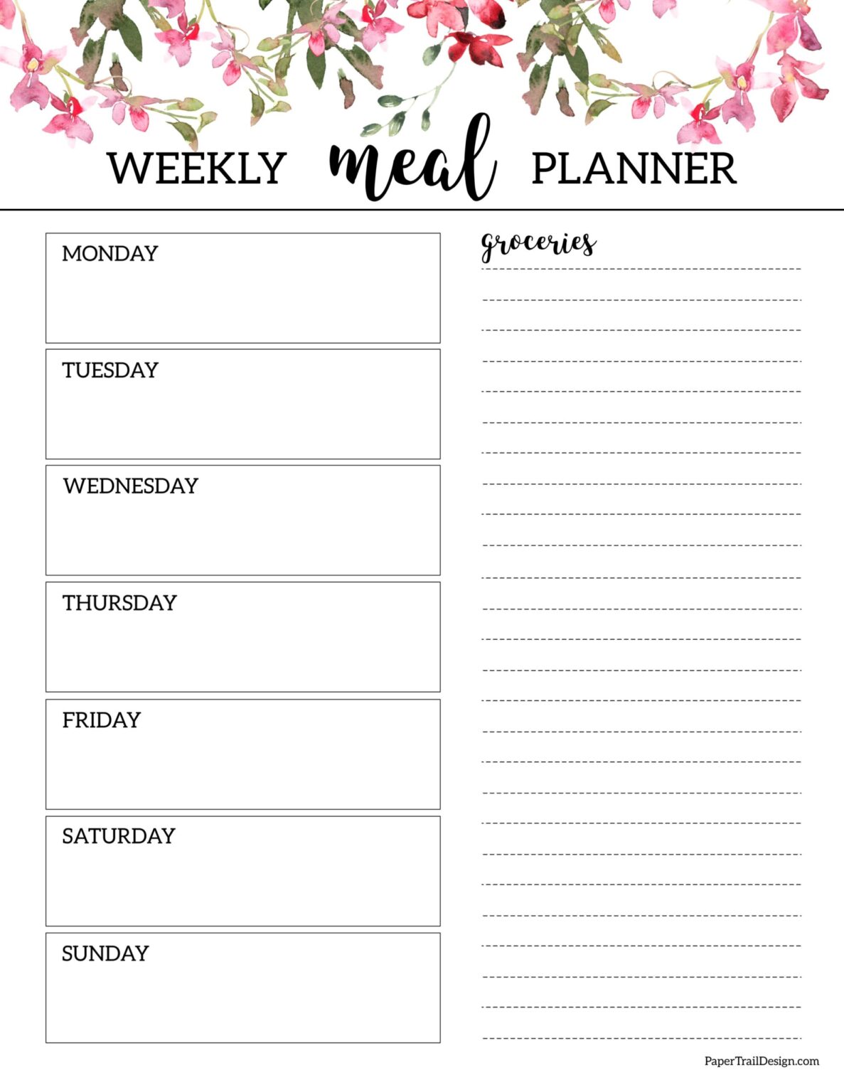 Floral Weekly Meal Planner Template - Paper Trail Design