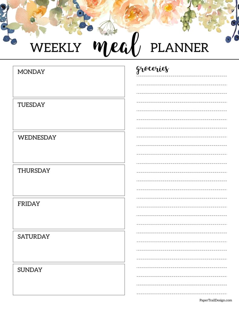 Floral Weekly Meal Planner Template - Paper Trail Design