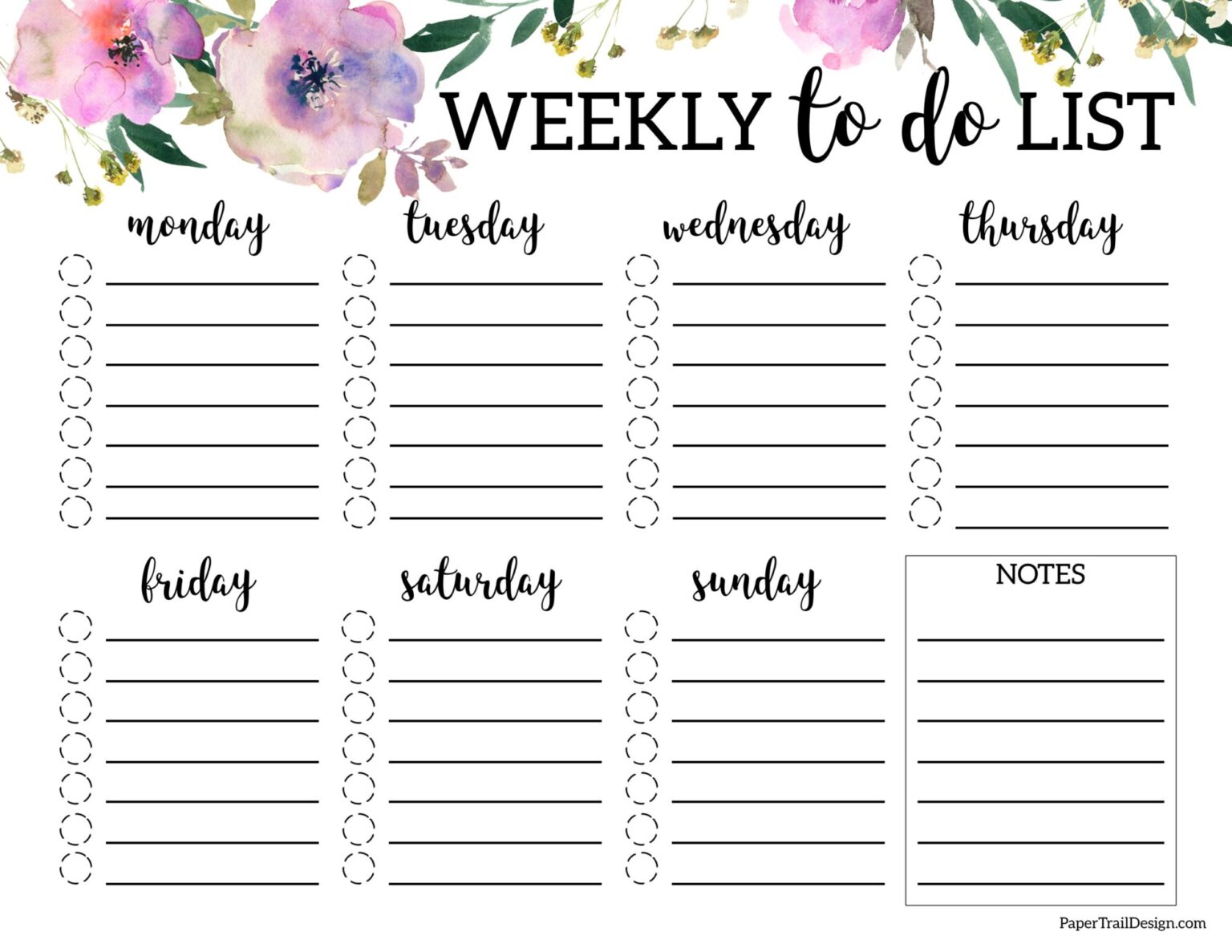 Floral Weekly To Do List Template - Paper Trail Design