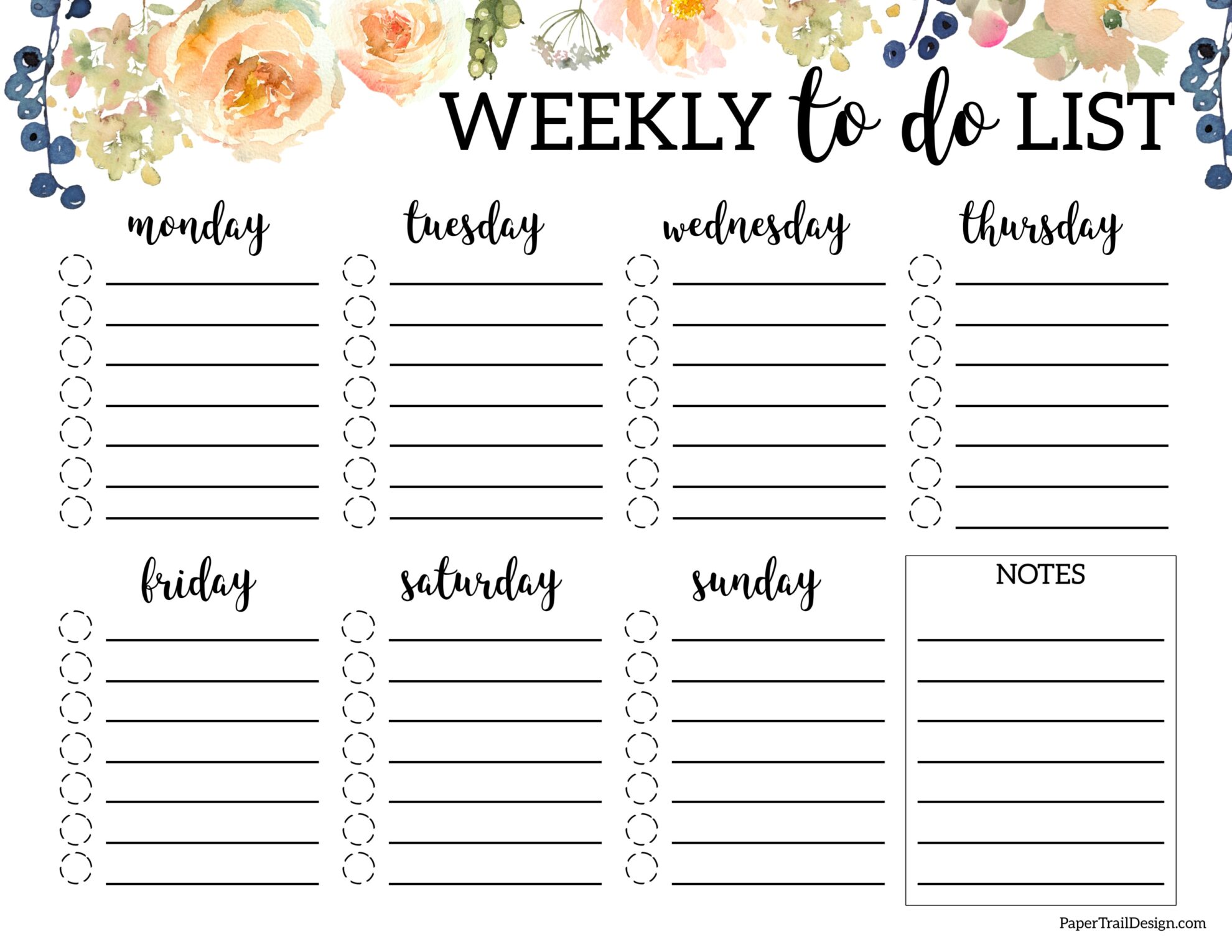 Floral Weekly To Do List Template - Paper Trail Design