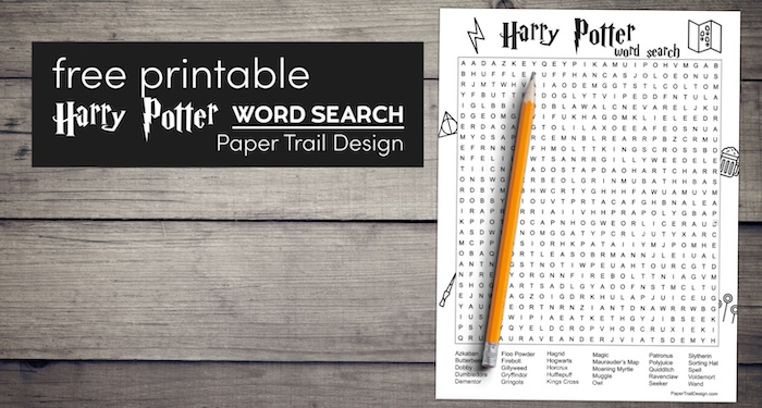 Harry Potter word search with text overlay- free printable Harry Potter word search