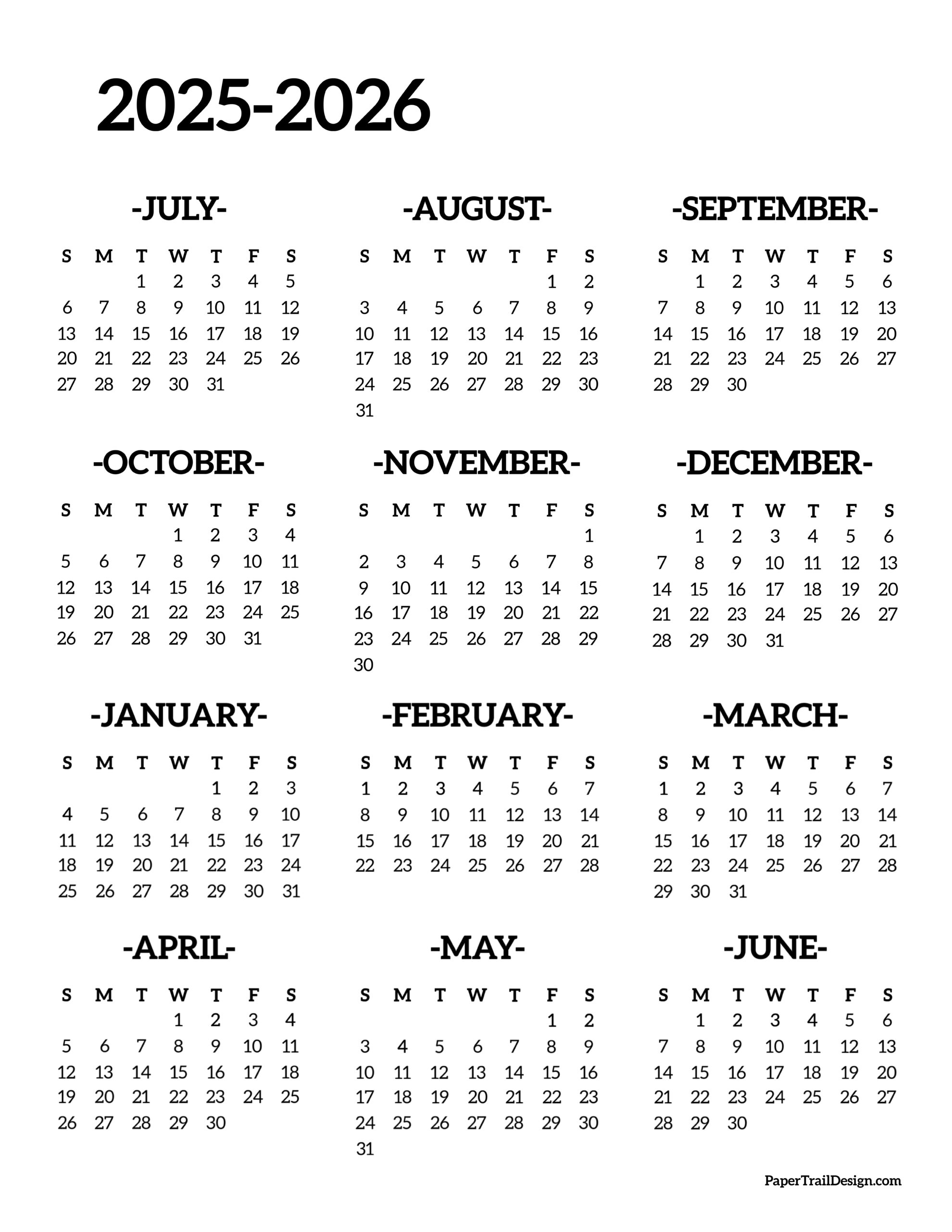 20252026 School Year Calendar Free Printable Paper Trail Design