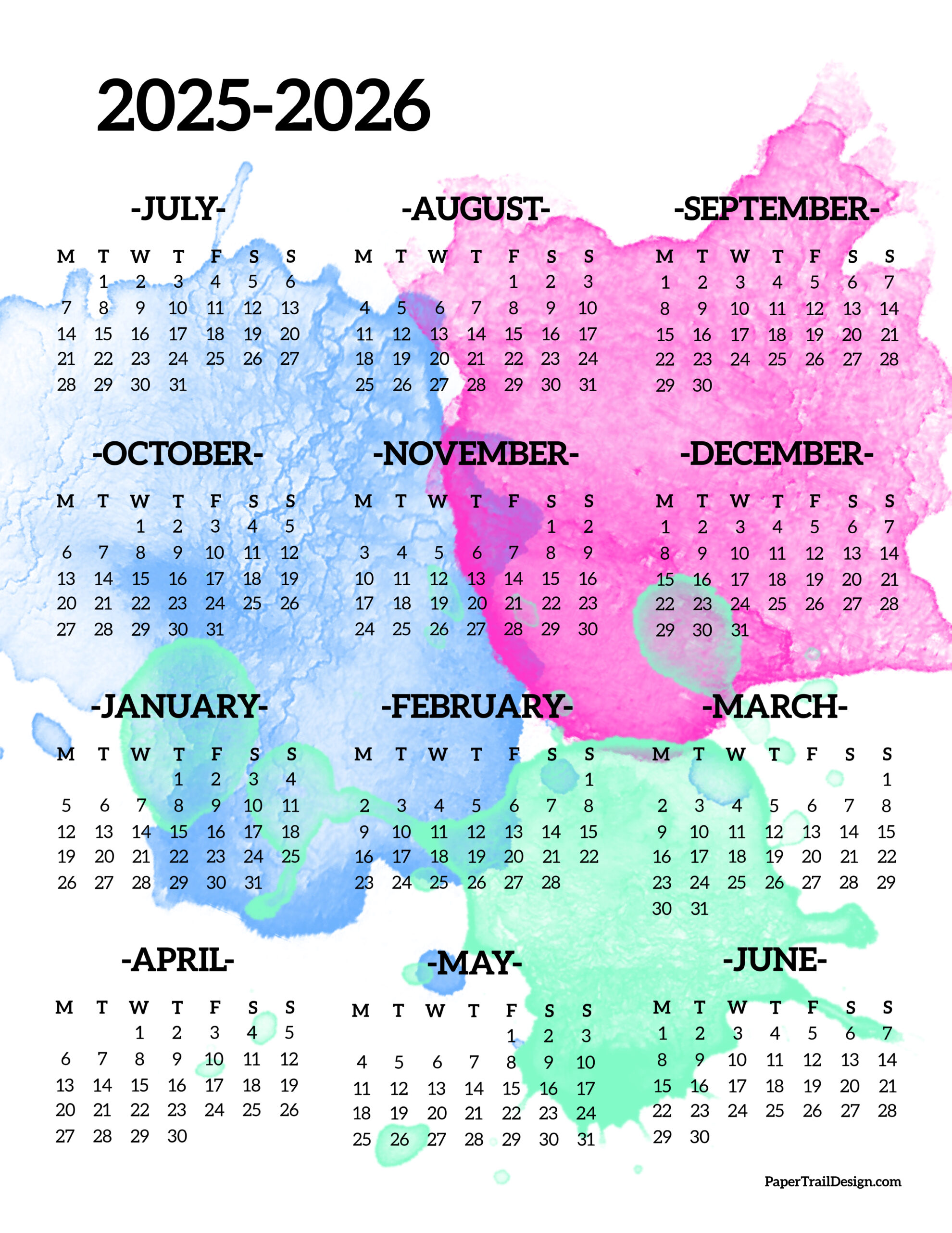 20252026 School Year Calendar Free Printable Paper Trail Design