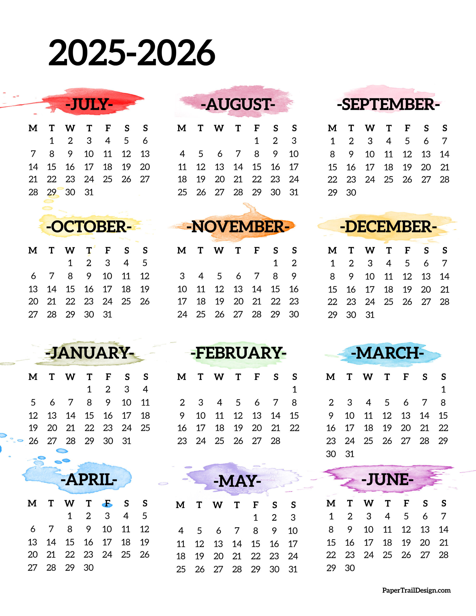 20252026 School Year Calendar Free Printable Paper Trail Design