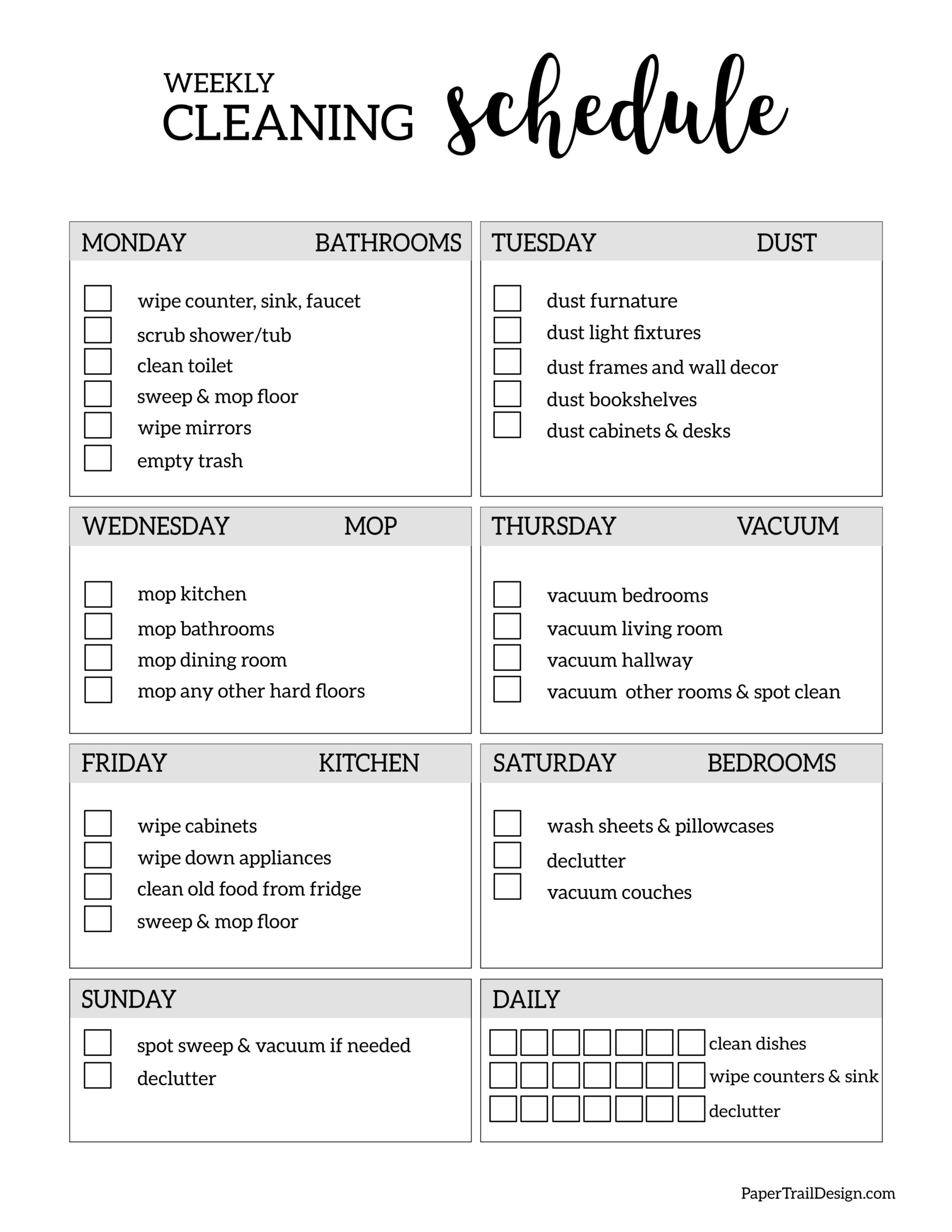 Weekly Cleaning Schedule Template Paper Trail Design